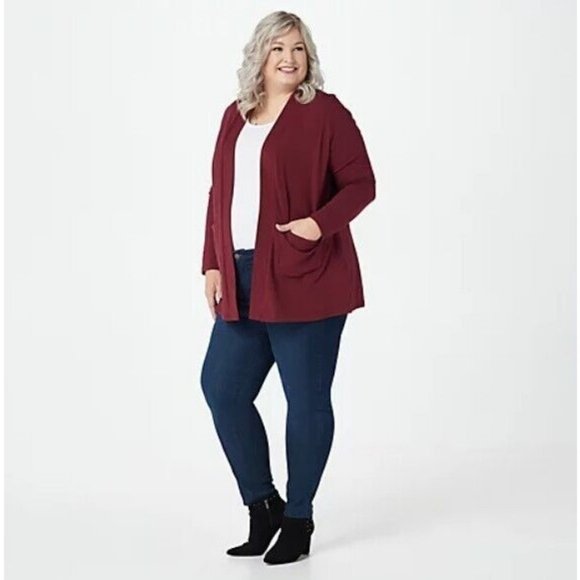 Denim & Co Essentials Cardigan ~ Open Front Pockets Red Wine sz S A388935 - Picture 1 of 8